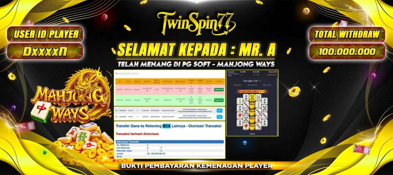 TWINSPIN77 JACKPOT SLOT MAHJONG WAYS Rp 100,000,000,-